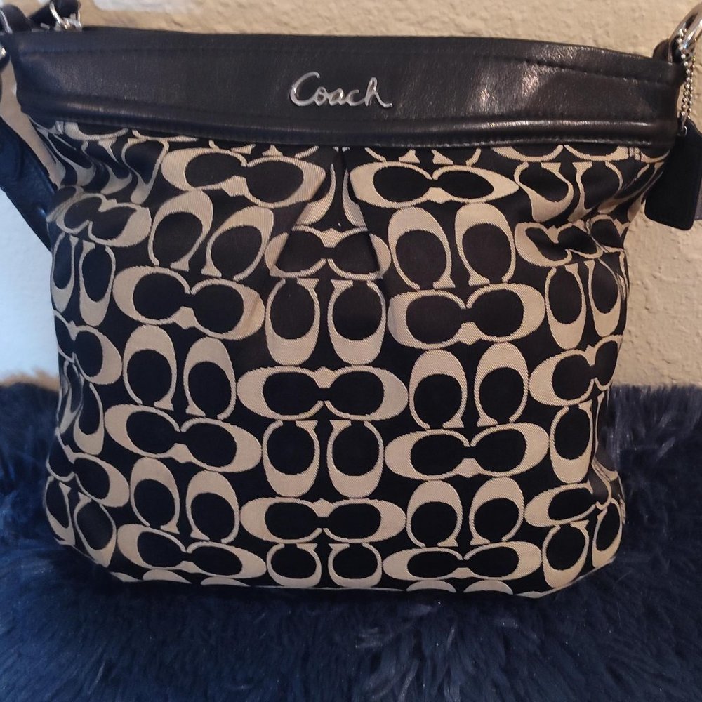 COACH Ashley Signature Hippie Sateen Shoulder Bag in Black & Pale Gold F20111